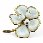 Vintage Crown Trifari Gold Tone & Poured Milk Glass Pansy/Flower Brooch
