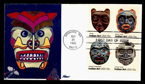 DR WHO 1980 FDC INDIAN ART MASK BLOCK HAM HAND COLORED CACHET M77747
