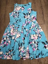 Roz + Ali Dress Retro Print Exposed Zipper Fit N Flare Vintage Look Aqua Plus 18