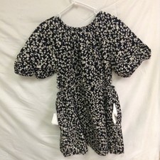 Old Navy Dress Womens L Black Waist Defined Puff Poplin Side Cutoff Floral Ditsy