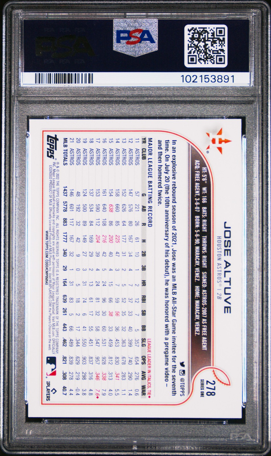 2022 TOPPS #278 JOSE ALTUVE PSA 10 view 2