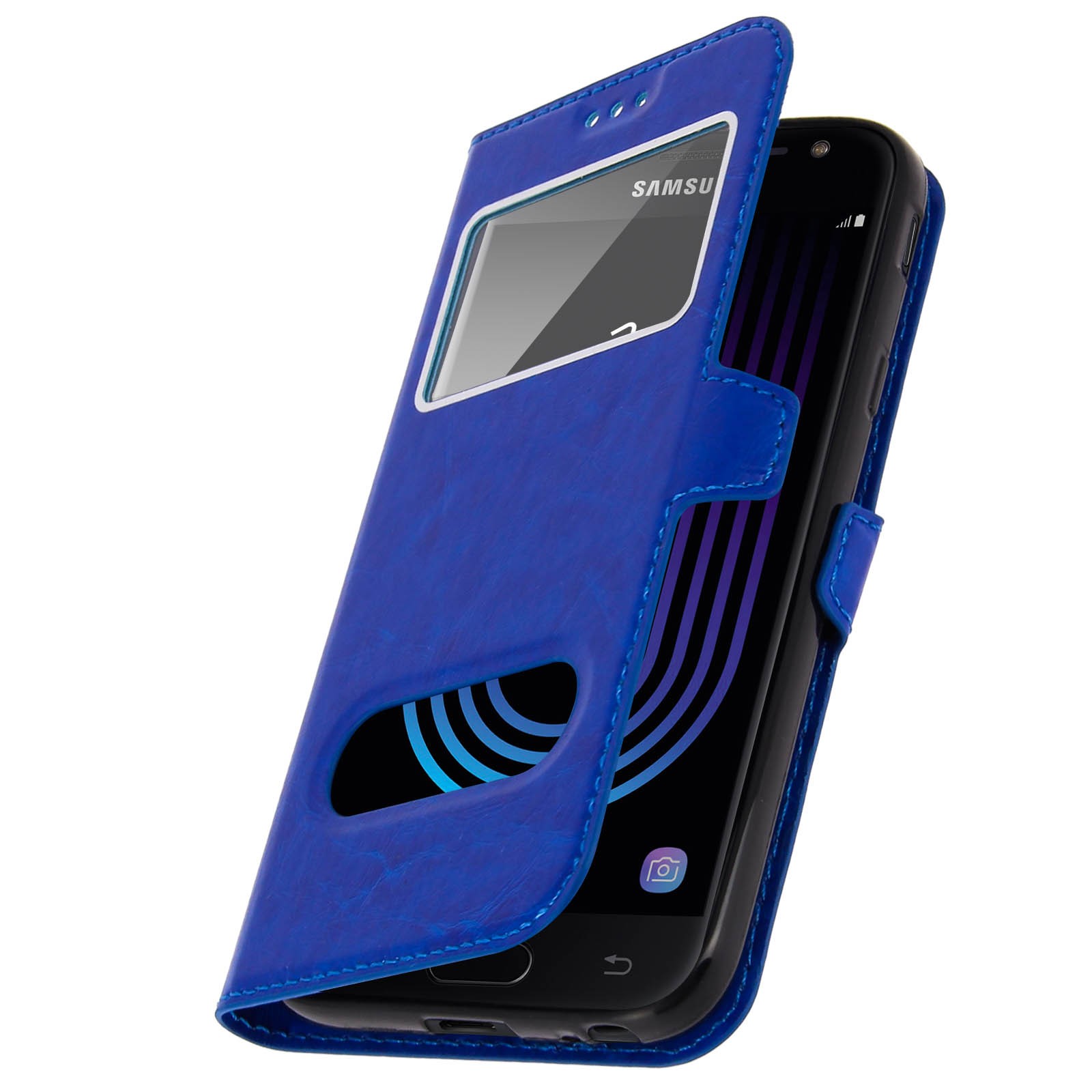 Housse Galaxy J3 2017 Navy antichoc avec double écran transparent et rabat
