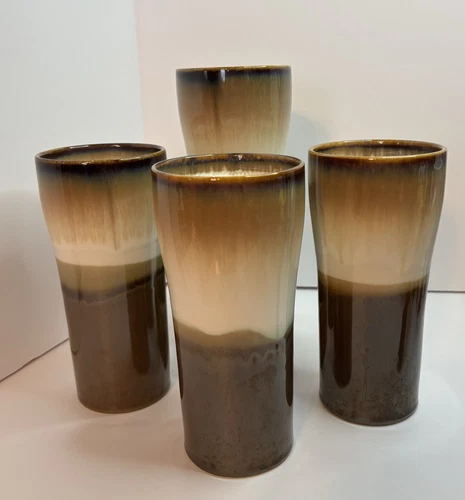 SET OF 4VINTAGE  16OZ BROWN DRIP GLAZE ART POTTERY TUMBLERS MUGS BY BW VGC