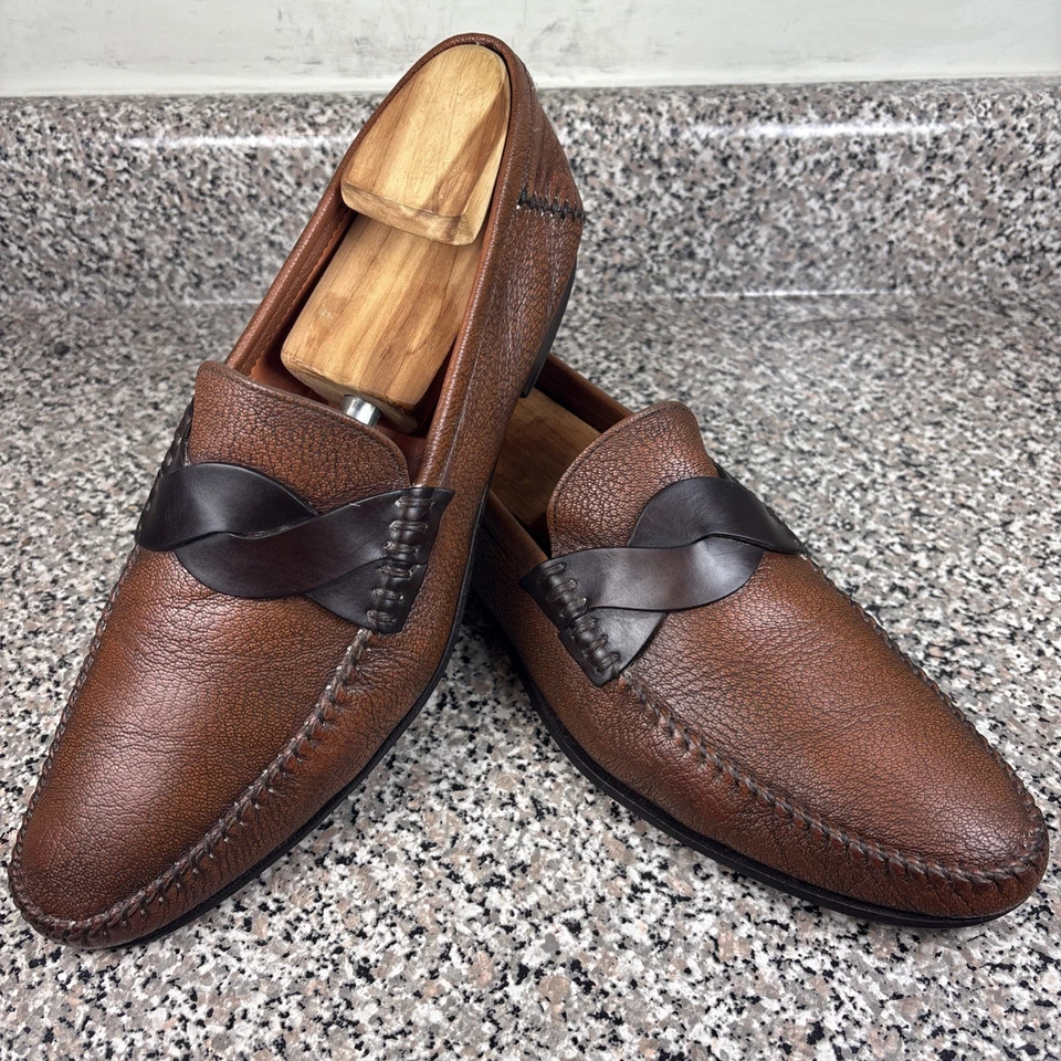 Mocasín Santoni Devan-2 de cuero marrón con correa de mariposa para hombre talla UK9.5/US10.5 GUC Foto 2 de 4