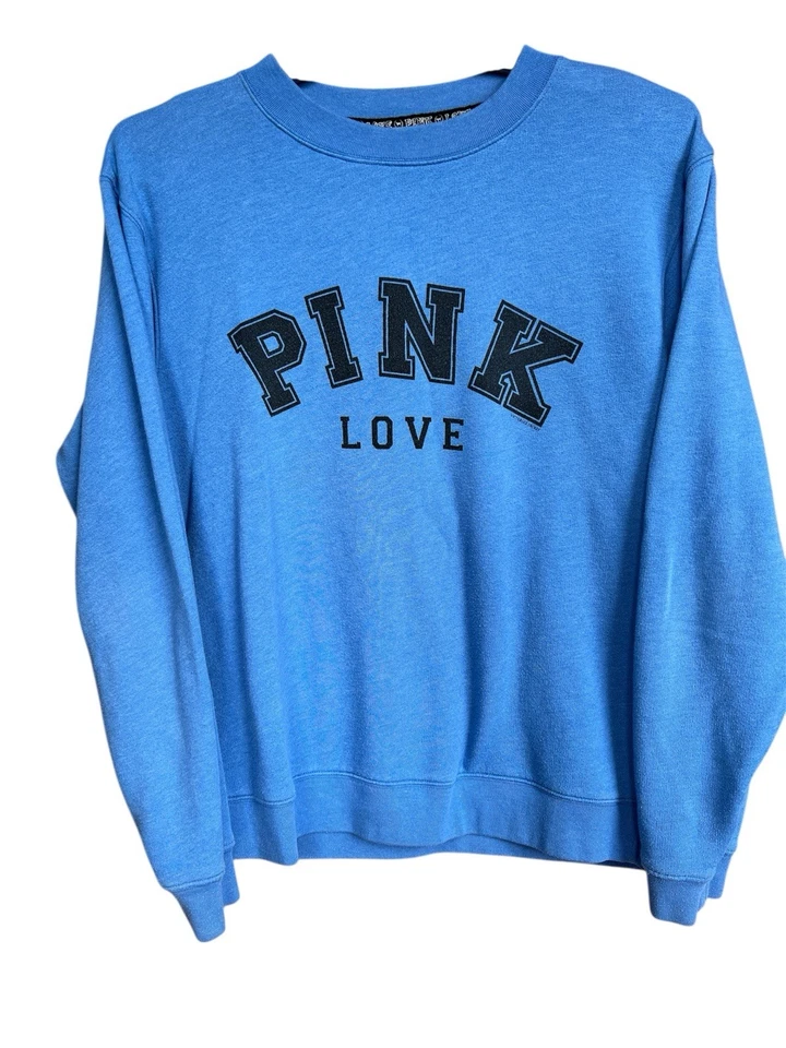 Pink Love Victoria’s Secret Pullover Sweatshirt Womens Sz Med Blue Cotton Blend - Image 3 of 4