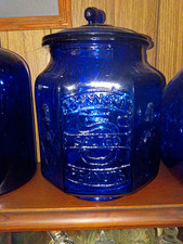 Cobalt Blue Glass Planters Advertising Jar with Lid