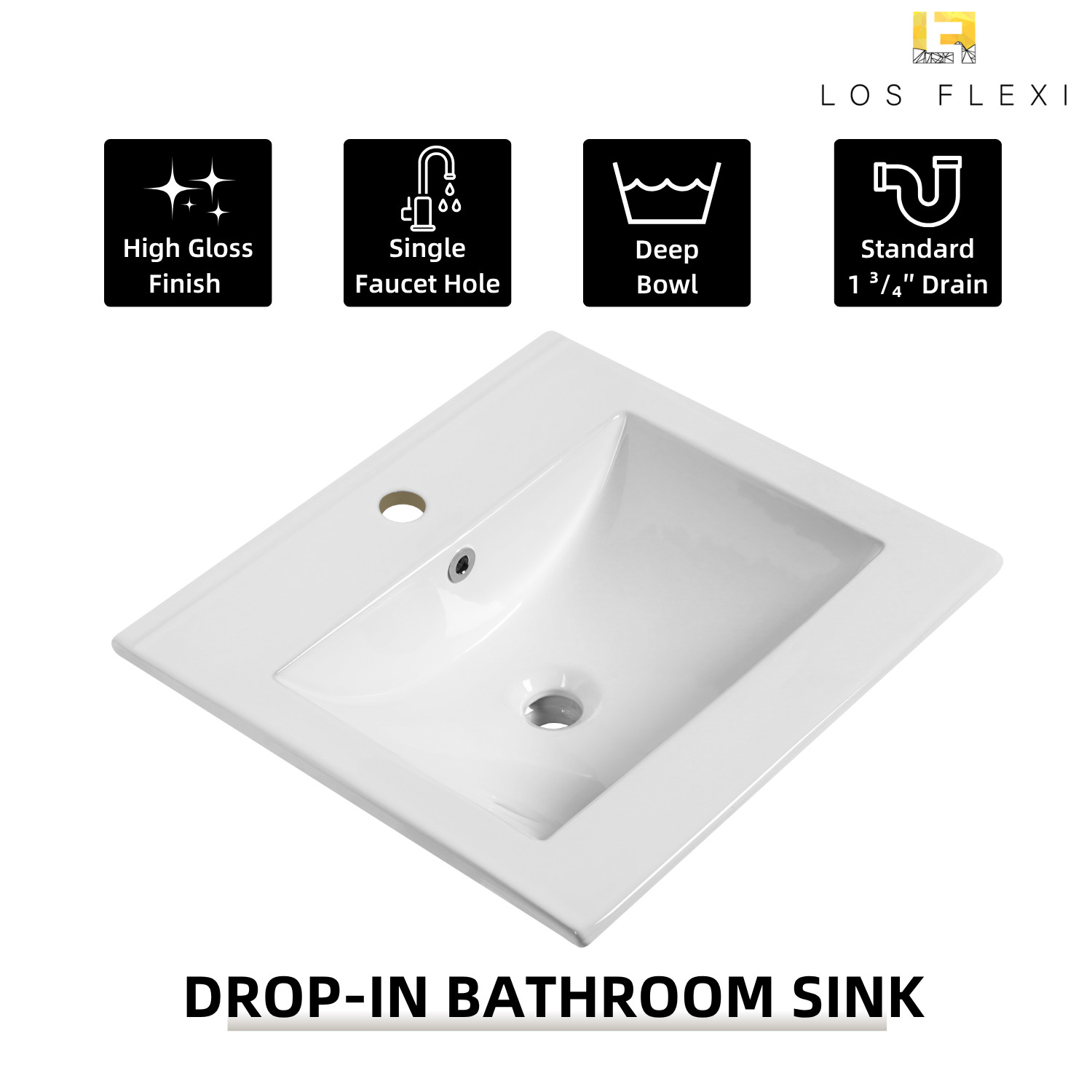 20"x18" White Drop-In Bathroom Sink Ceramic Rectangular with Single Faucet Hole