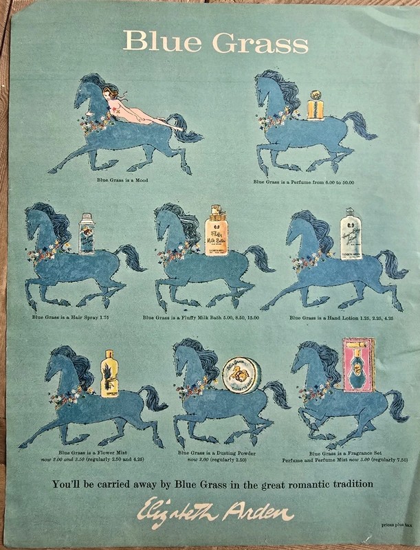 1960 Elizabeth Arden Blue Grass perfume powder Vintage Horse Art Ad