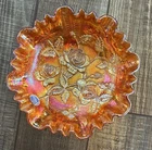 Imperial Open Rose Marigold Vintage 3-Footed Ruffled Carnival Glass Bowl, 8"