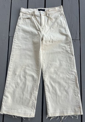 Banana Republic Wide Leg Cropped Jeans Women s Cream Denim Frayed Hem Pants 28P.