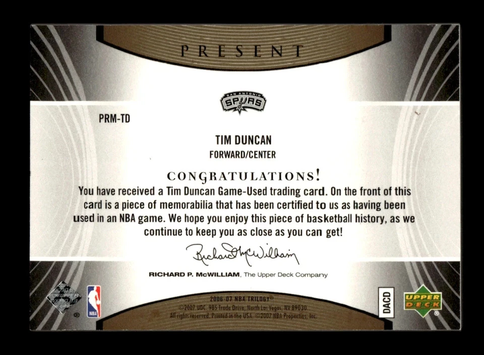 Tim Duncan 2006 UD Trilogy Game Used Worn Jersey Patch Spurs HOF /50 3-Color - Image 2 of 2
