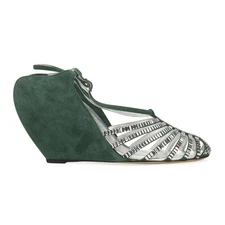NIB LANVIN GREEN/SILVER BANANA WEDGE SANDAL 90MM HEELS SIZE 38 $1790