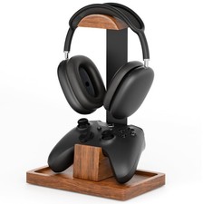 Headphone Stand and Controller Holder, 2-in-1 Walnut Wood Gaming Desk Organiz...