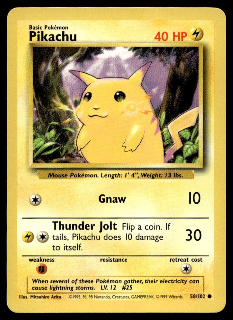 Pikachu 58/102 Pokemon Card Base Set Common 40 HP Lightly Played FT