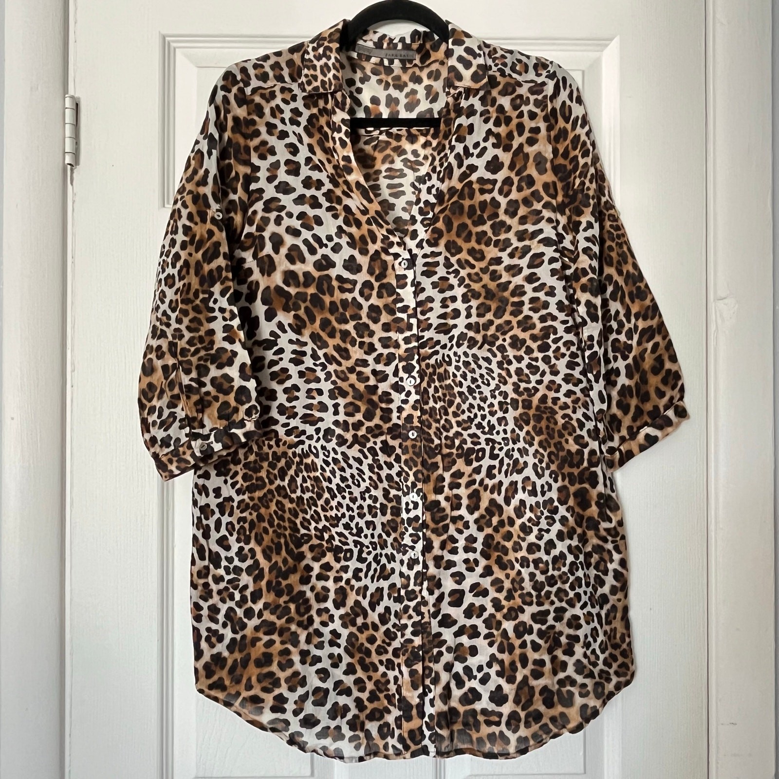 Zara Basic Sheer Leopard Print Button-Down Shirt … - image 1