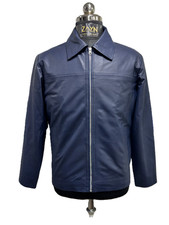 Men's Navy Blue Lambskin Leather Harrington Style Jacket Shirt Collar Zip Coat