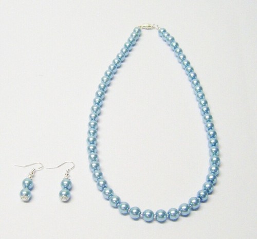 20 Inch Light Blue Glass Pearl Necklace/Earrings Set - Picture 3 of 5