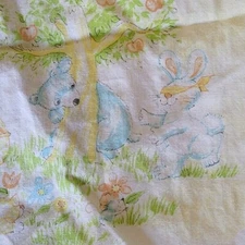 Baby Crib Sheet Pastel Yellow Animals Blue Bear Kitten Bunny Duck Apple Tree Vtg