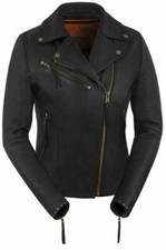 True Element Womens Premium Riveted Asymmetrical Motorcycle Leather Jacket (blac