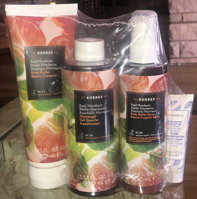 Korres 4 Gift Set Basil Mandarin Shower Gel Body Butter Spray Hydra-Repair Face