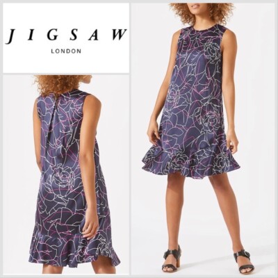 JIGSAW Silk Blend Navy Print Ruffle Hem Dress UK 10 Elegant