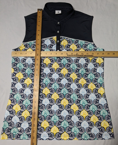 DAILY SPORTS Women Medium Scallop GEO Blue Multi Sleeveless Golf Polo Shirt EUC - Picture 9 of 16