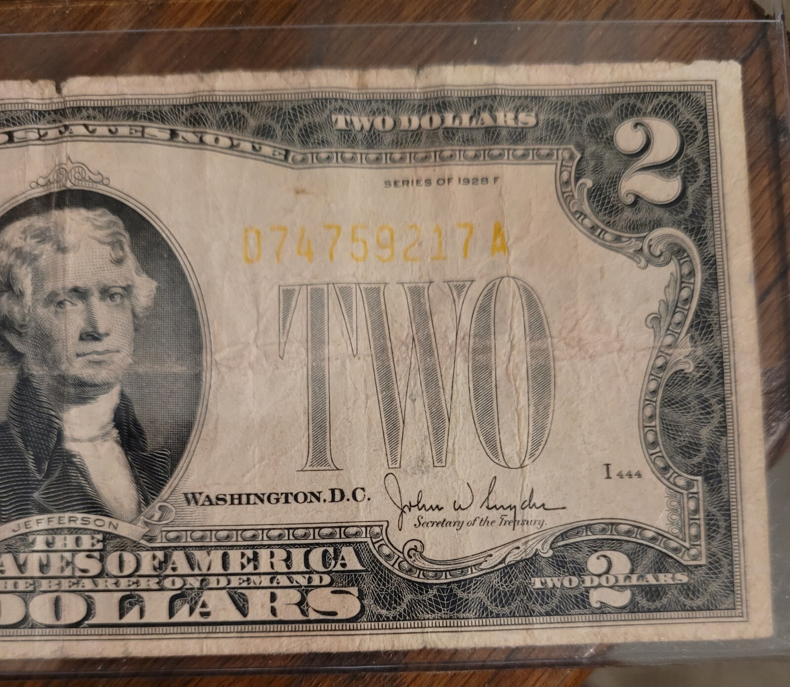 1928 F 2 Yellow Seal Two Dollar Bill United States Legal Tender Note