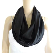 Black Infinity Scarf. Circle Scarf. Soft Cotton Spandex Loop Scarf. 