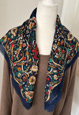 Vtg 30" SQ BERKSHIRE JAPAN CHALLIS Navy Blue Red Gold FRINGED Floral SCARF Boho