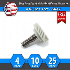  10-32 x 1/2" Thumb Screw Stainless Steel - Gray Round Knurled Knob - USA