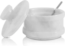 Marble Salt Cellar with Lid and Spoon 3.5" Inches White Handmade Sugar Container
