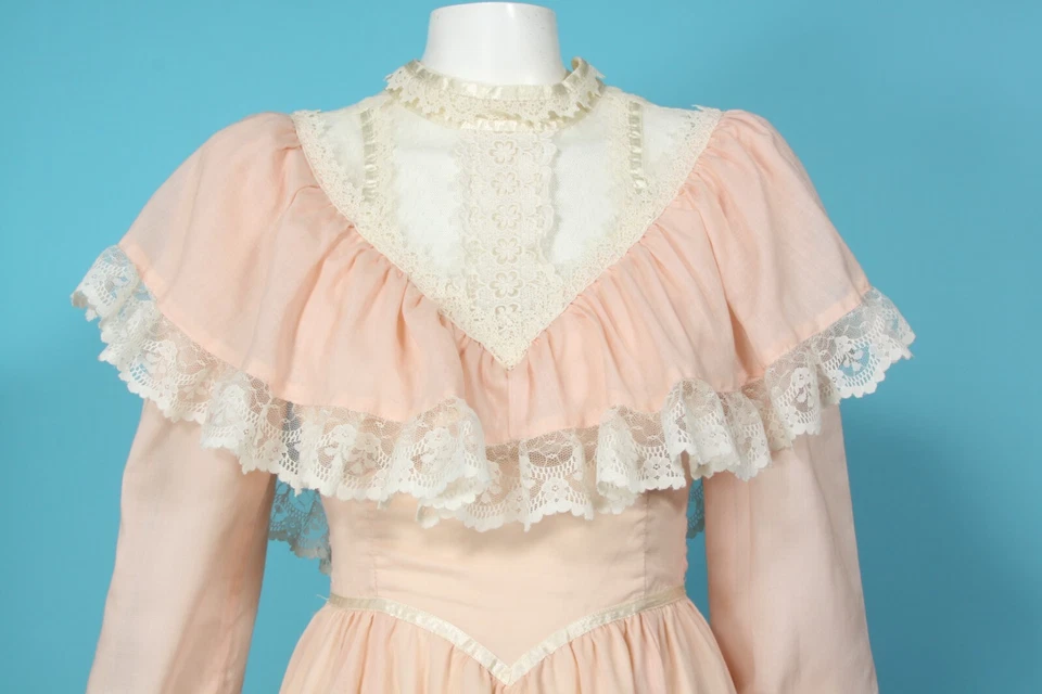 Vintage Jessica McClintock Pale Pink Lace High Collar Cottagecore Dress sz 5 804 - Image 4 of 4