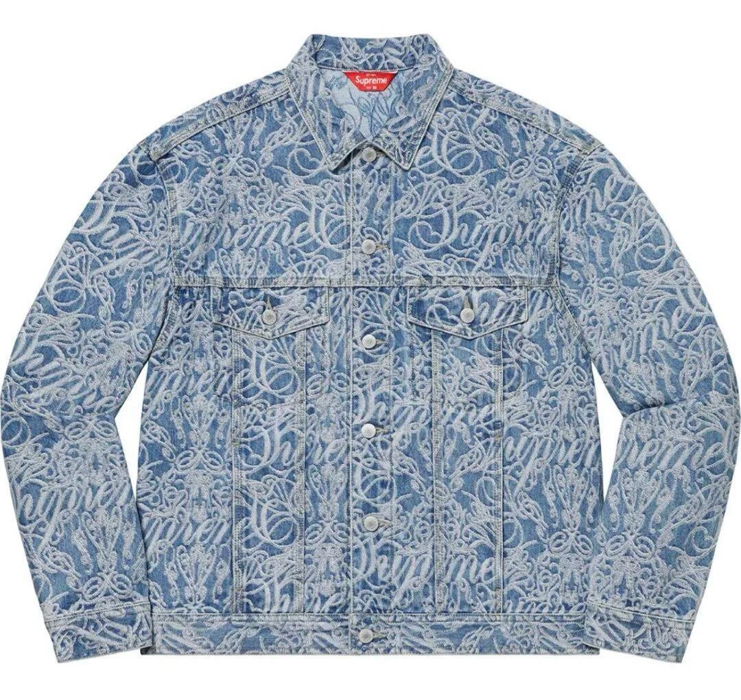Veste camionneur homme SUPREME 22AW Script Jacquard Denim bleu lavé taille L