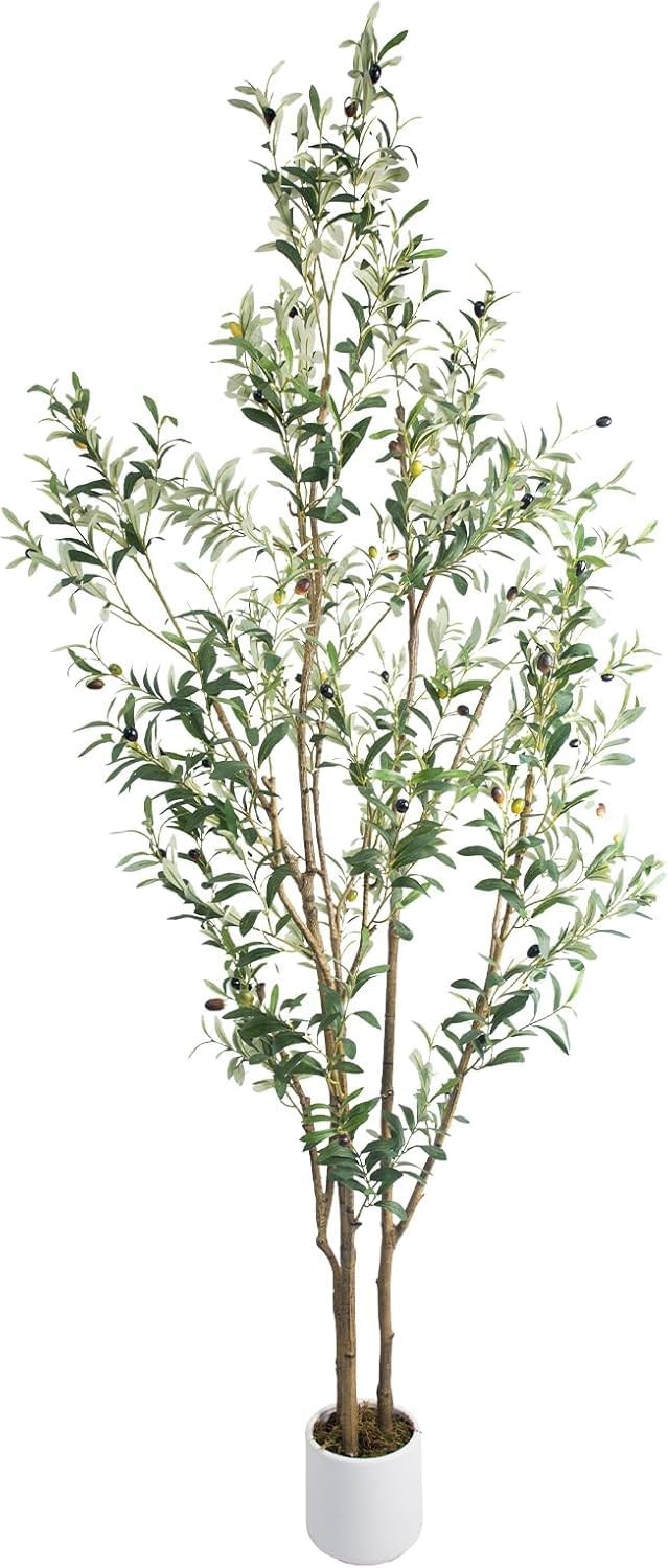 7FT Artificial Olive Tree in White Planter – Faux Silk Leaves