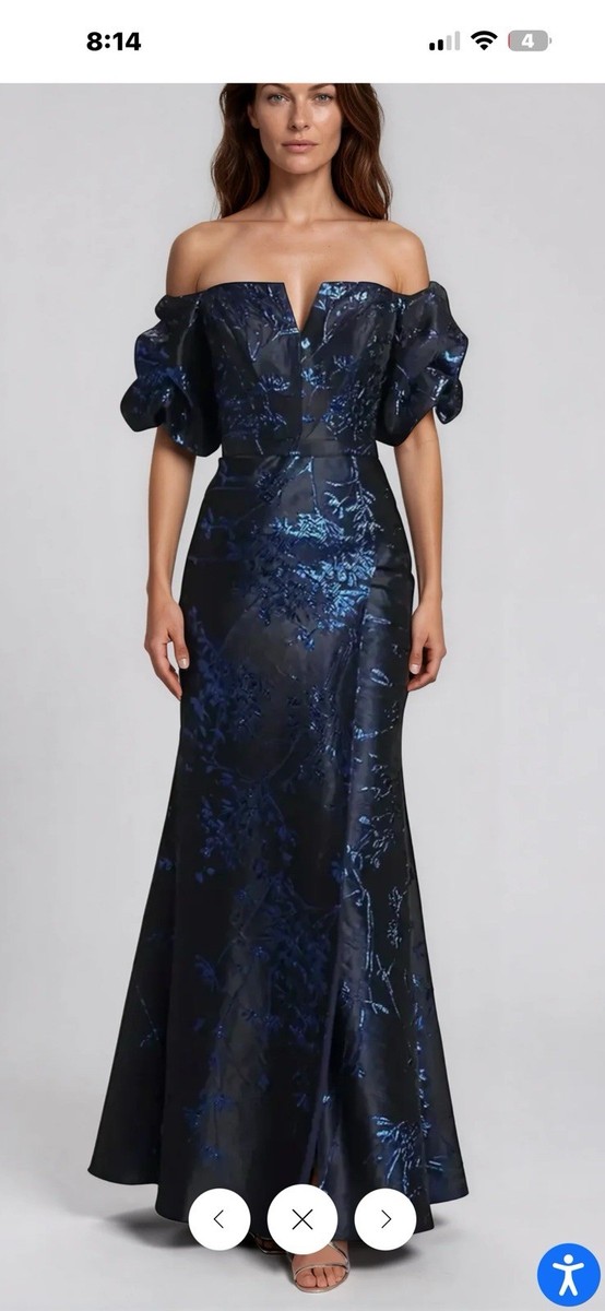 Rene Ruiz Collection Off-Shoulder Puff Sleeve Floral Jacquard Gown 14 Blue/Black
