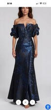 Rene Ruiz Collection Off-Shoulder Puff Sleeve Floral Jacquard Gown 14 Blue/Black