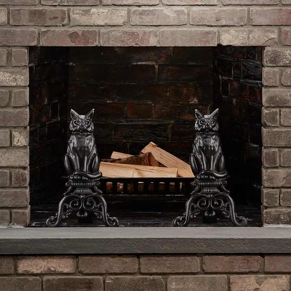 Black Cast Iron Cat Fireplace Andirons with Reflective Glass Eyes (A-1251) - Image 4 of 4
