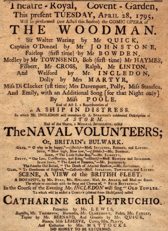 *KING GEORGE III ERA 1795 THEATRE BROADSIDE COVENT GARDEN WOODMAN TAMING SHREW*