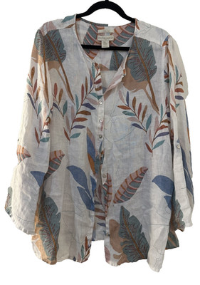 Cynthia Rowley Womans Linen Floral Tropical Tunic Top Size 2X Beach Resort Vacay