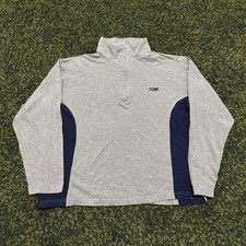 Vintage Tommy Hilfiger Jeans Fleece Quarter Zip Pullover Sweater Grey Mens Large
