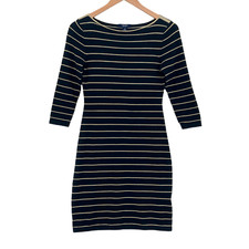 Chaps T Shirt Dress Women XS Black with Gold Metallic Stripes Cotton Long Sleeve