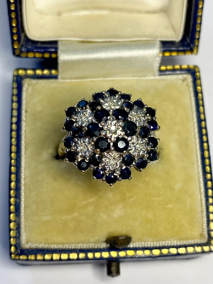 Anillo de boda redondo de 3 quilates de zafiro simulado cóctel plata real oro amarillo sobre Foto 2 de 4