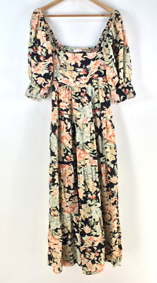 Posse dress womens size S maxi black floral short sleeve stretch cotton 113844