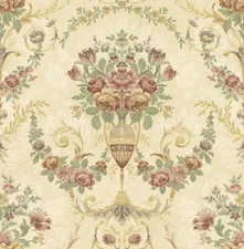 Wallpaper Victorian French Floral Urns on Beige Faux , 56 sq ft per bolt