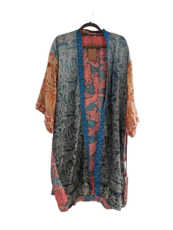Handmade Silk Kimono Boho Indian Jacket Long Beach Cover-Up Summer Bath Robe - Image 4 of 4