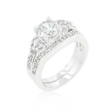 Triple Stone Engagement Set Cubic Zirconia 4 ct. Rhodium Plated