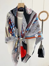 Sallys Samurai Print Twill Silk Wrap Scarf Large Square Shawl Kerchief 53"