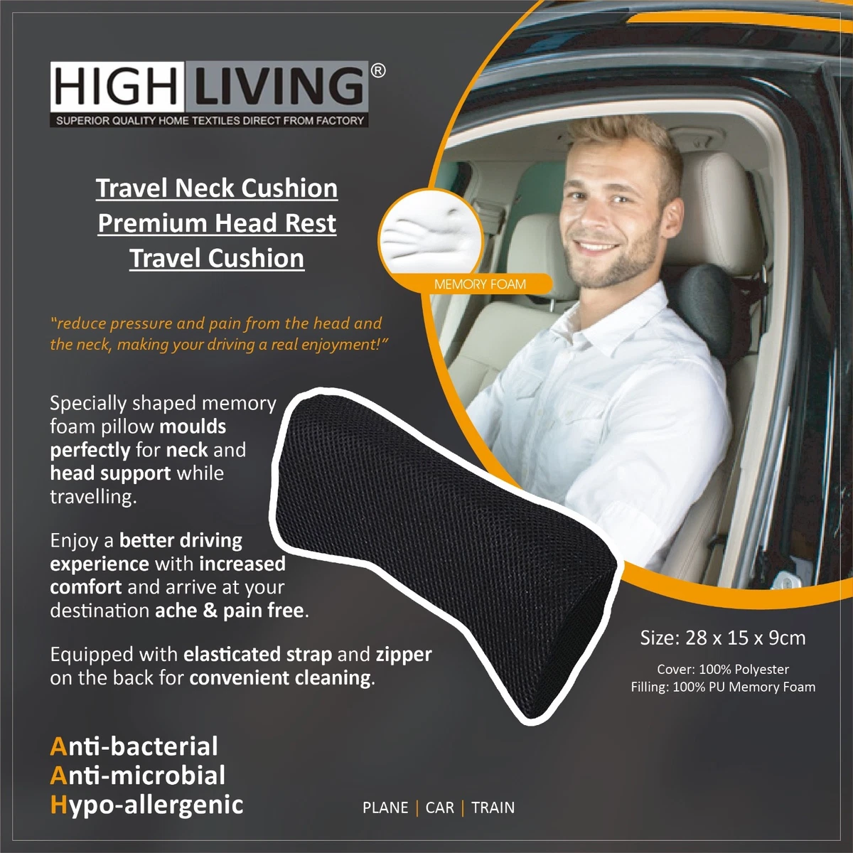 HighLiving® Memory Foam Travel Head Neck Car Seat Cushion Flight Support  Pillow