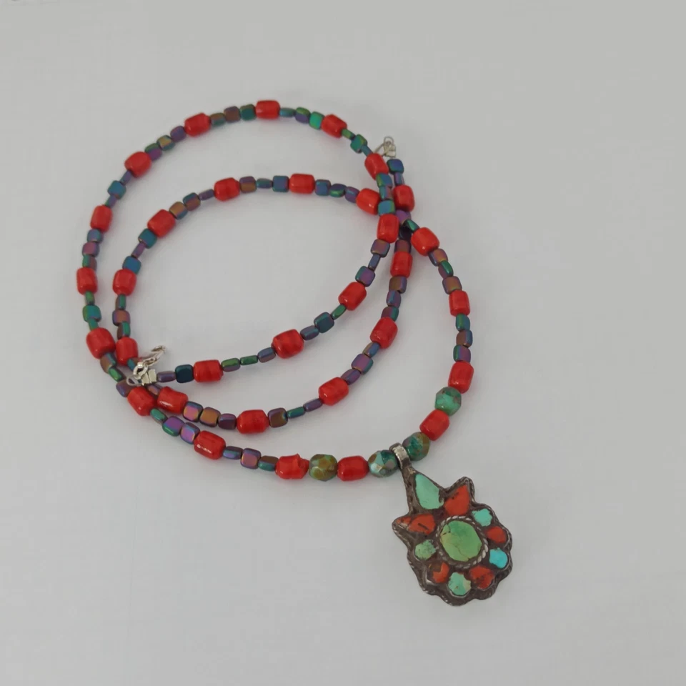 Богемский мужчин унисекс ожерелье старый винтажный Серебряный этнический кулон камень стеклянная бусина Мала - Изображение 2 из 4