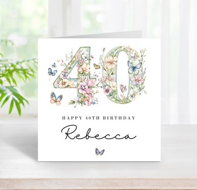 Personalisierte Karte 40. weiblicher Geburtstag Name jede Beziehung Alter 40 Blumen (C222)
